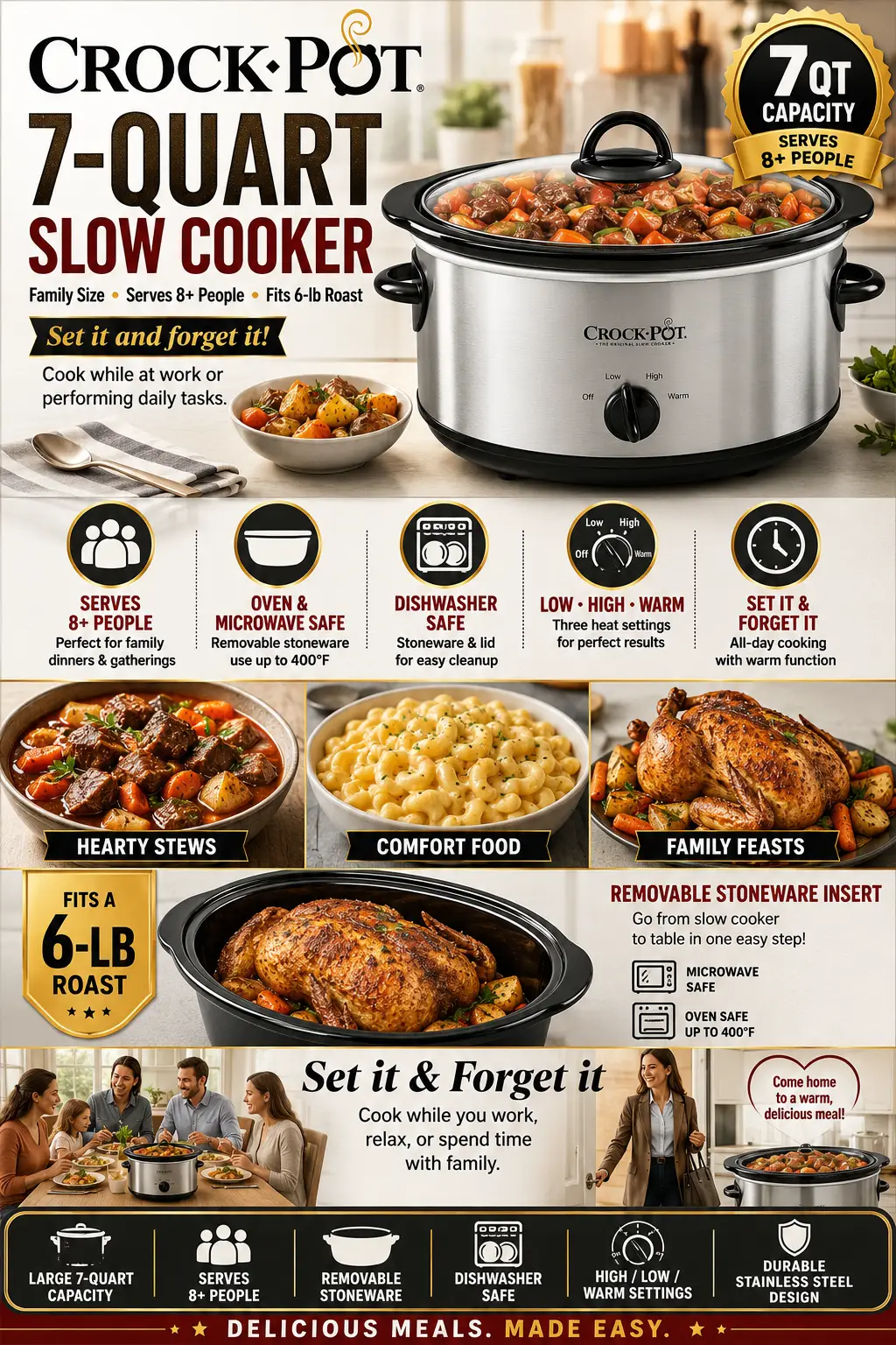 Transform everyday cooking into a simple, stress-free experience with the Crock-Pot 7-Quart Manual Slow Cooker. Designed for busy families, meal preppers, and home chefs, this versatile slow cooker delivers delicious, home-cooked meals with minimal effort. Whether you're preparing a hearty beef stew, a whole roasted chicken, creamy mac and cheese, pulled pork, or your favorite comfort foods, this large-capacity slow cooker makes cooking easier than ever.