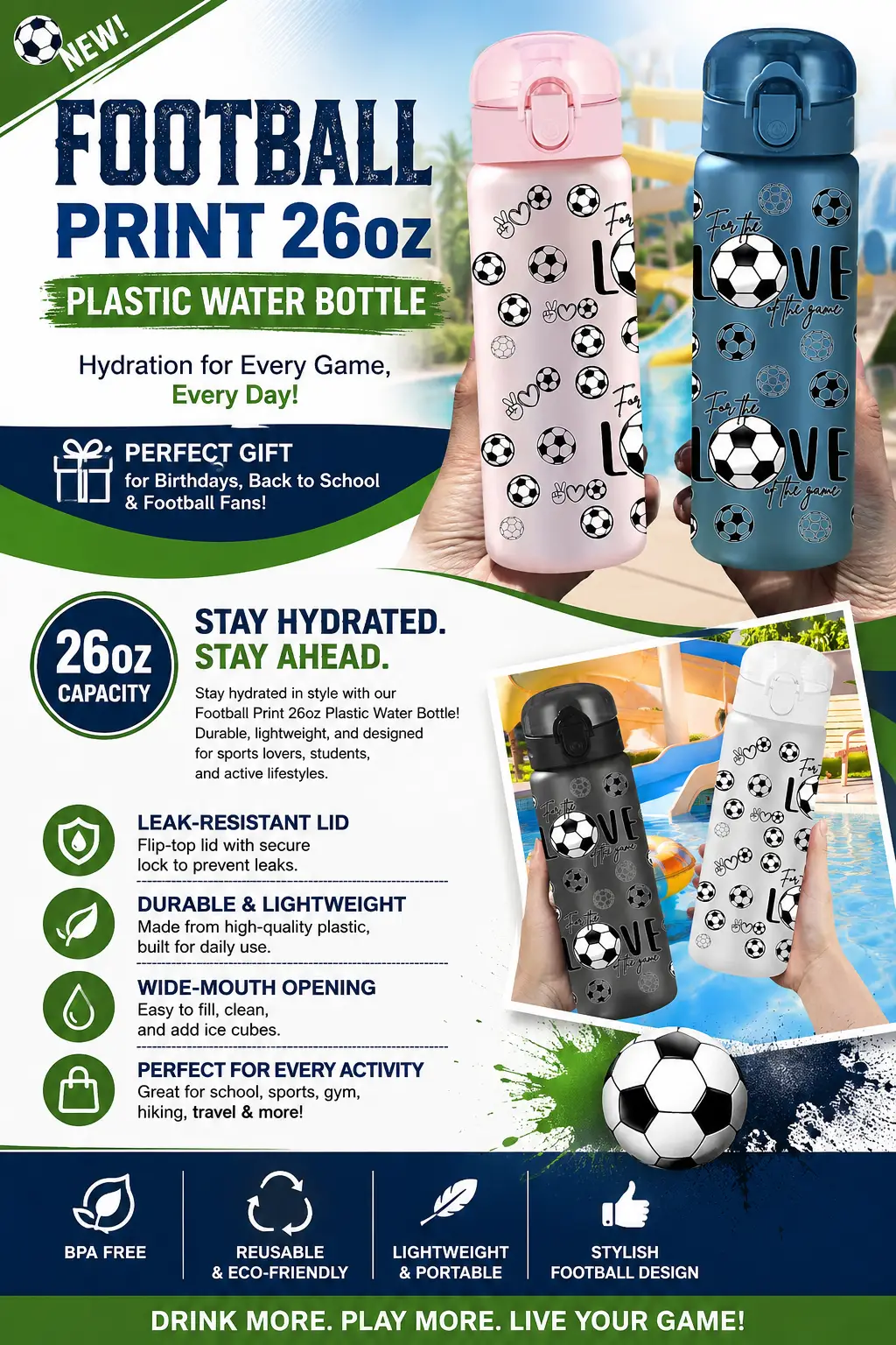 Football water bottle, sports water bottle, 26oz water bottle, plastic water bottle, football print bottle, reusable water bottle, school water bottle, kids sports bottle, outdoor water bottle, gym water bottle, football fan gift, back to school supplies, birthday gift for boys, hydration bottle, travel water bottle, leakproof sports bottle.