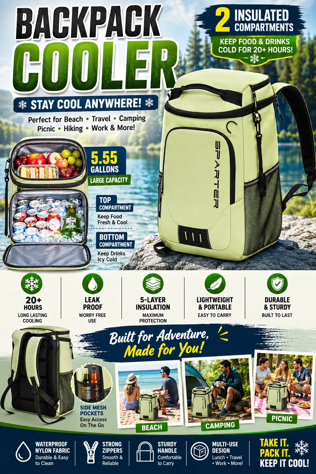🎒❄️ Keep Food & Drinks Ice Cold for Hours! Upgrade your outdoor adventures with this Backpack Cooler Insulated Leak-Proof Thermal Bag. Featuring 2 insulated compartments, a spacious 5.55-gallon capacity, and advanced 5-layer insulation technology, this cooler backpack keeps beverages and snacks cold for up to 20+ hours. Perfect for beach trips, camping, hiking, fishing, picnics, road trips, festivals, and daily lunches. Made with durable waterproof nylon fabric and a food-grade PEVA insulated lining, this lightweight cooler backpack is designed for maximum performance and comfort. Multiple storage pockets, side mesh bottle holders, and ergonomic padded shoulder straps make it the ultimate travel companion. ✅ 20+ Hours Cooling Performance ✅ Leak-Proof & Waterproof Design ✅ Dual Insulated Compartments ✅ Holds Up to 33 Cans (330ml) ✅ Lightweight & Comfortable to Carry ✅ Multi-Pocket Storage System ✅ Perfect for Beach, Camping, Travel & Picnics Whether you're heading to the beach, campsite, park, or work, this insulated backpack cooler keeps your food fresh and drinks refreshingly cold all day long. #BackpackCooler #CoolerBackpack #InsulatedBackpack #BeachEssentials #CampingGear #PicnicAccessories #TravelGear #OutdoorAdventure #LunchBag #LeakProofCooler #HikingGear #RoadTripEssentials #FishingGear #PortableCooler #WaterproofBackpack #SummerMustHave #OutdoorLifestyle #CampingEssentials #BeachTrip #TravelAccessories